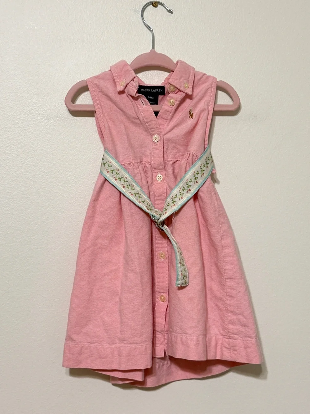 Ralph Lauren Oxford Shirt Dress Size 24 Months Pink Button Down Belted Floral